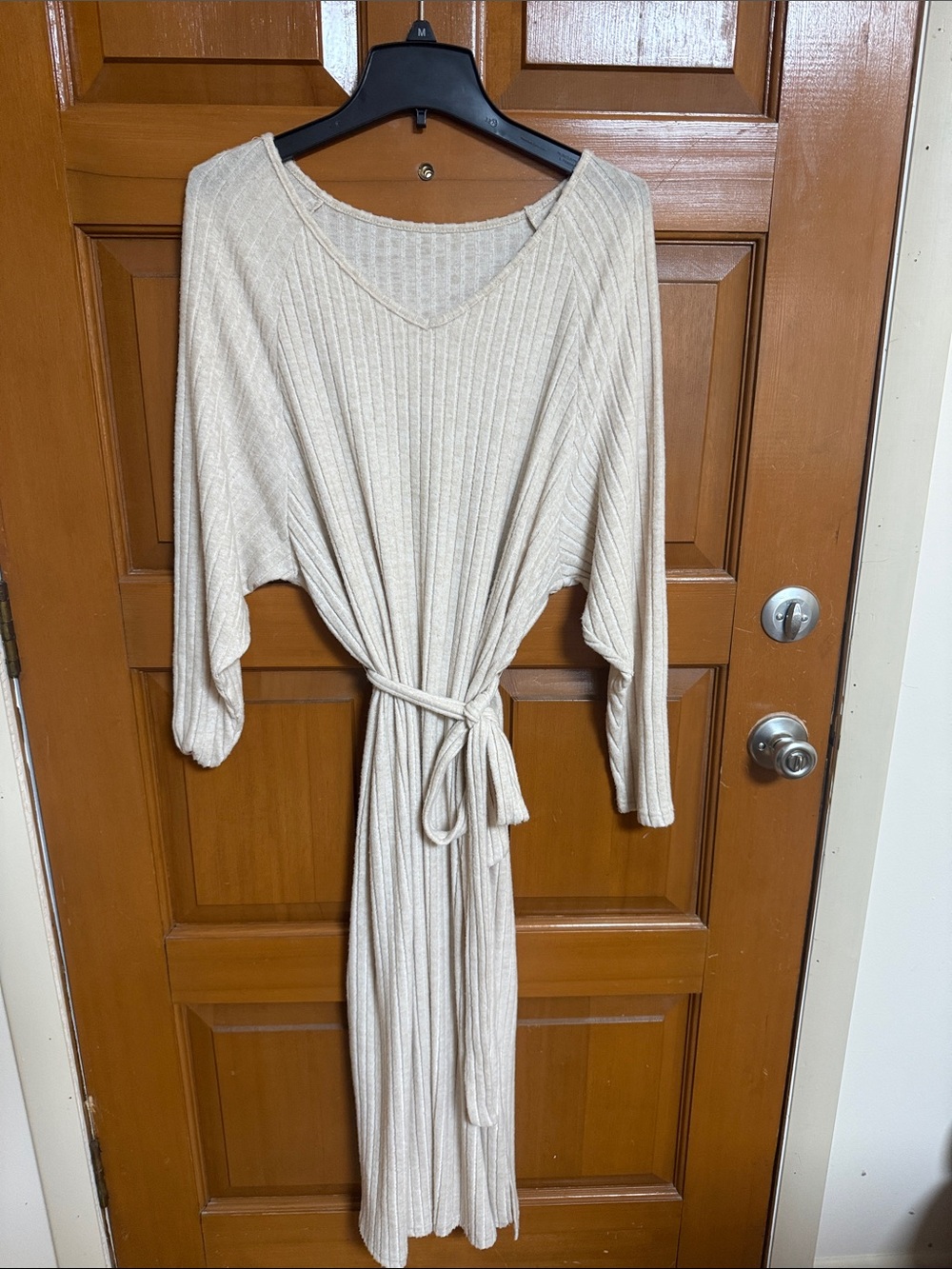 Ribbed Long-Sleeve Belted Maxi Dress in Beige